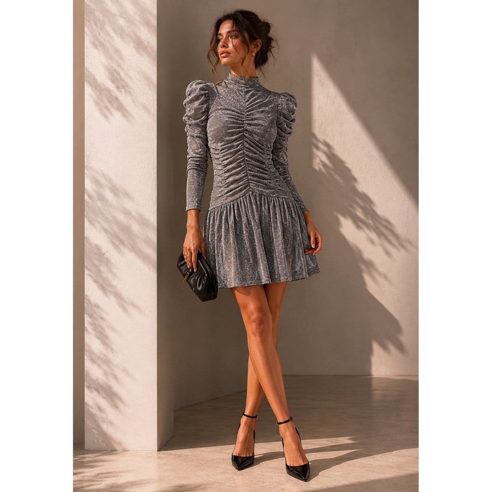 Rebecca Taylor‎ Metallic Ruched Mini Dress Women M Puff Sleeve Silver Metallic